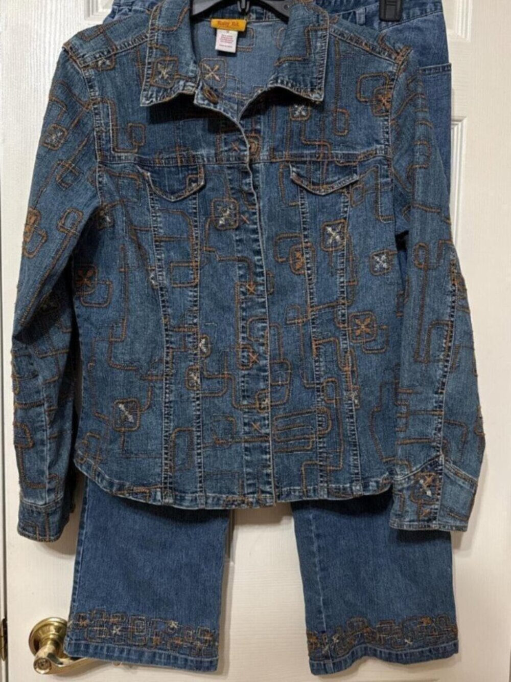 Blue denim jacket with brown embroidery and matching culottes #denim #embroidery